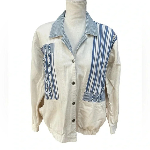 Vintage 80s “Your Way USA” Blue-Stripe Patchwork Jacket | Button Front - Picture 2 of 11